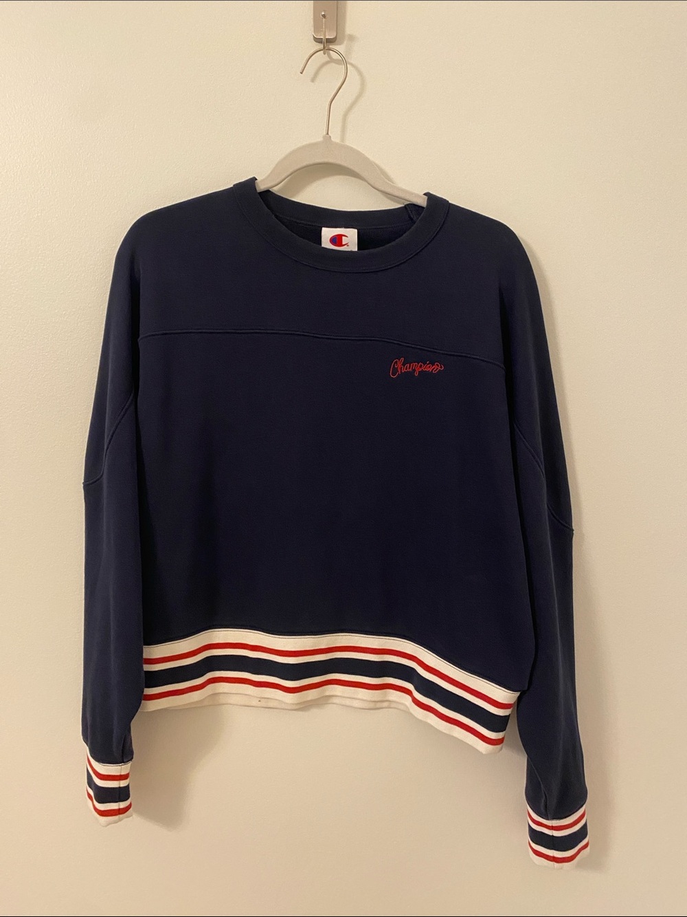 Champion Navy Crew Sweatshirt with Red & White Stripe Hem